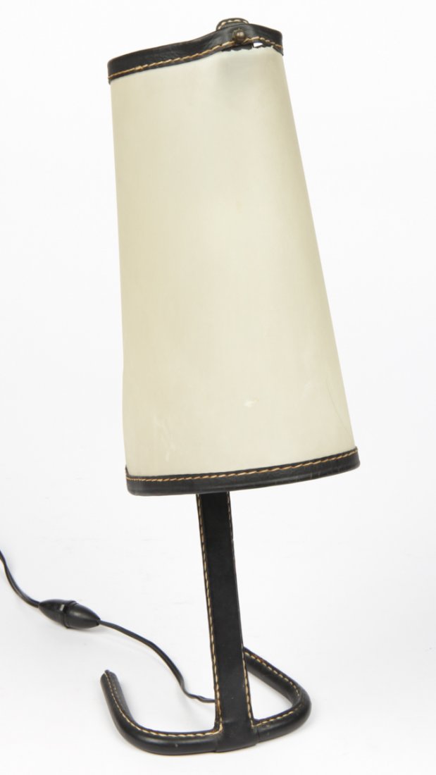 Jacques Adnet Leather-Clad Lamp: Jacques Adnet Leather-Clad Lamp. Mid 20th C. Tears to shade. Size: 22" x 6" x 9" (56 x 15 x 23 cm). Provenance: Private Princeton estate.