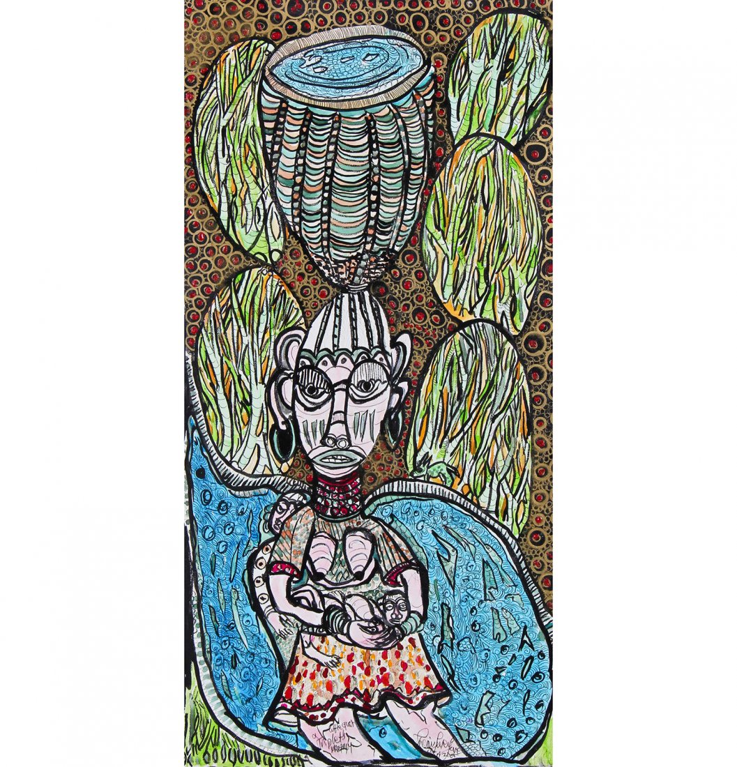 Prince Twins Seven Seven (Nigerian, 1944-2011): Prince Twins Seven Seven (Nigerian, 1944-2011) The Little Goats, 2005, mixed-media, ink and acrylic on canvas. Size: 24" x 12", 61 x 30 cm (stretcher), 25" x 13", 64 x 33 cm (frame).