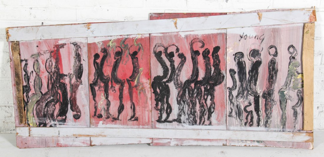 Purvis Young (American, 1943-2010): Purvis Young (American, 1943-2010), Untitled, mixed media assemblage, paint on wood, masonite and cardboard. Size: 58.5" x 25.5", 149 x 65 cm.