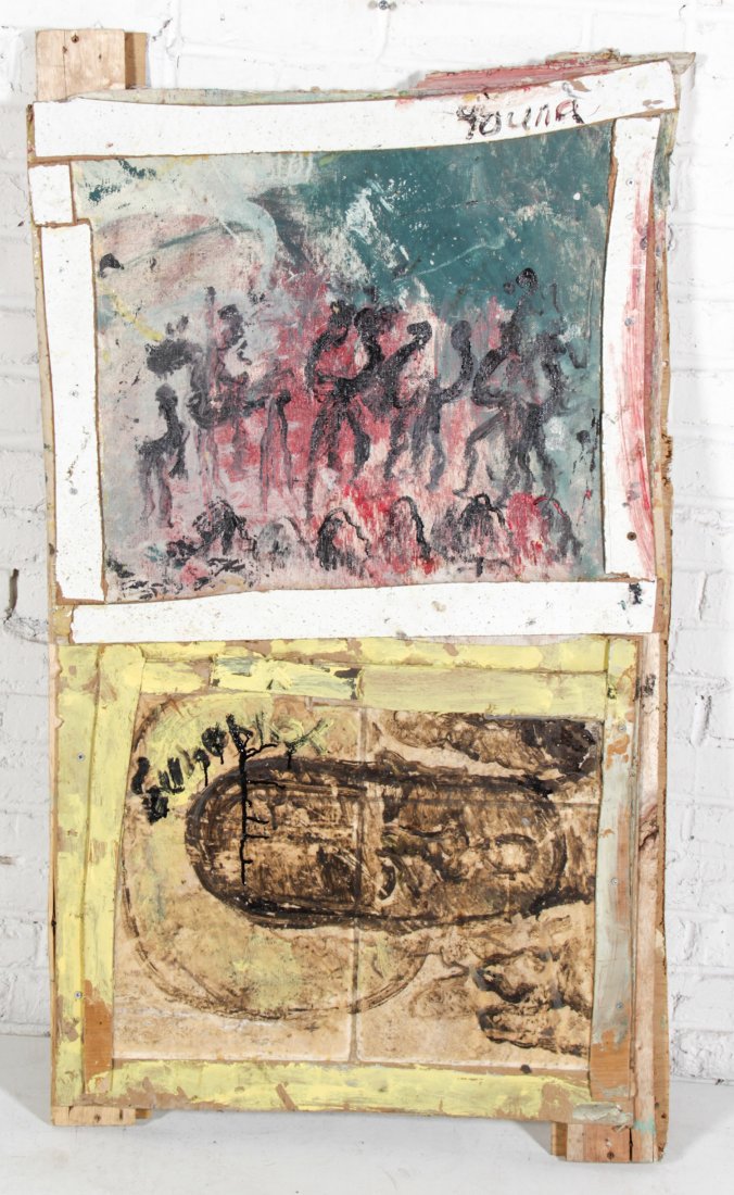 Purvis Young (American, 1943-2010): Purvis Young (American, 1943-2010), Untitled, mixed media assemblage, paint on wood, fabric and cardboard. Size: 49" x 28", 124 x 71 cm.