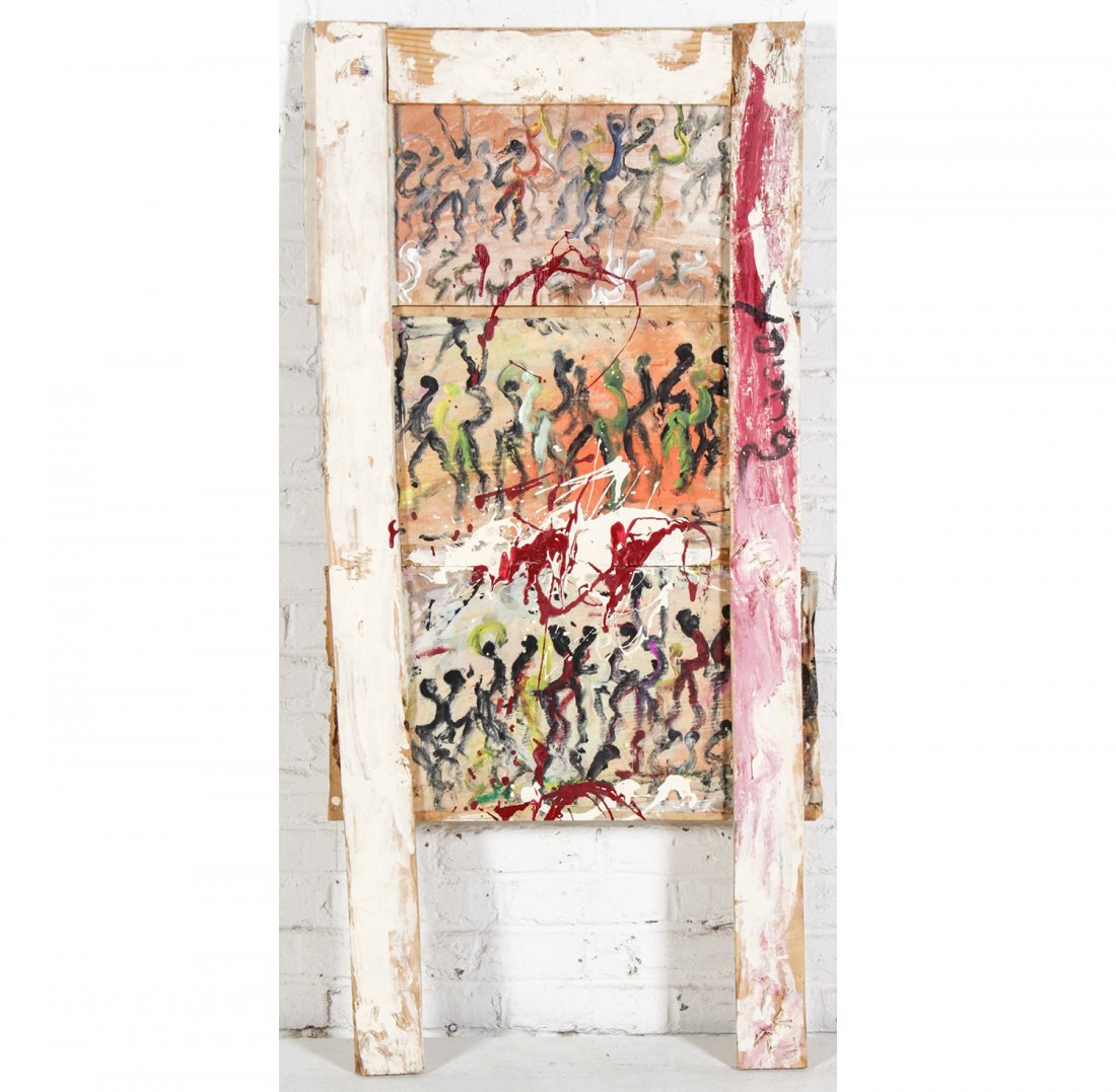 Purvis Young (American, 1943-2010): Purvis Young (American, 1943-2010), Untitled, mixed media assemblage, paint on found wood. Size: 51" x 24", 130 x 61 cm.