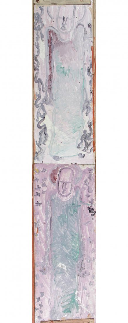 Purvis Young (American, 1943-2010): Purvis Young (American, 1943-2010), Untitled, mixed media assemblage, paint on found wood and masonite. Size: 97" x 20", 246 x 51 cm.