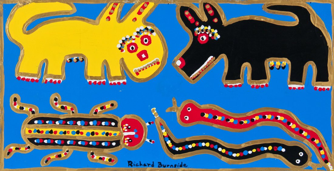 Richard Burnside (USA, b. 1940): Richard Burnside (USA, b. 1940) Black Dog, Yellow Cat and Insects, painting on board. Size: 18.25" x 34.75", 46 x 88 cm (board).