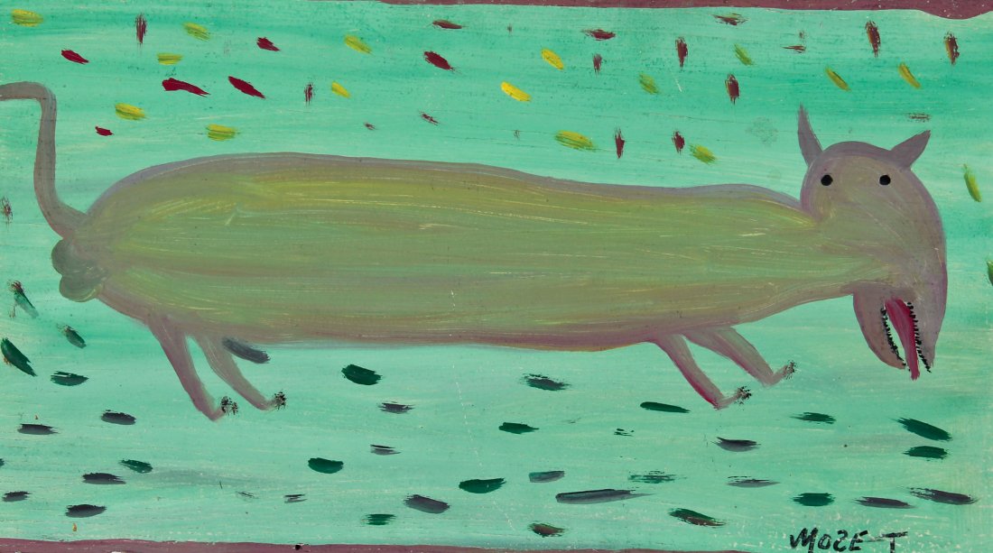 Mose Tolliver (American/Alabama 1925-2006): Mose Tolliver (American/Alabama 1925-2006) Tiger Bull, oil on board. Size: 13" x 23", 33 x 58 cm.