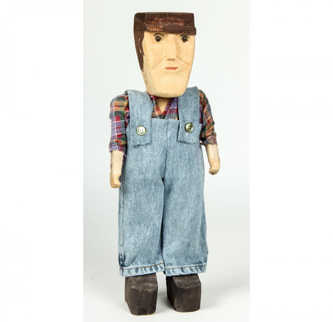 Carrie Webb, Carving of Coal Miner: Carrie Webb (American, 20th c.) Coal Miner, signed, carved wood with handmade clothes. Size: 19" x 7" x 4", 48 x 18 x 10 cm.
