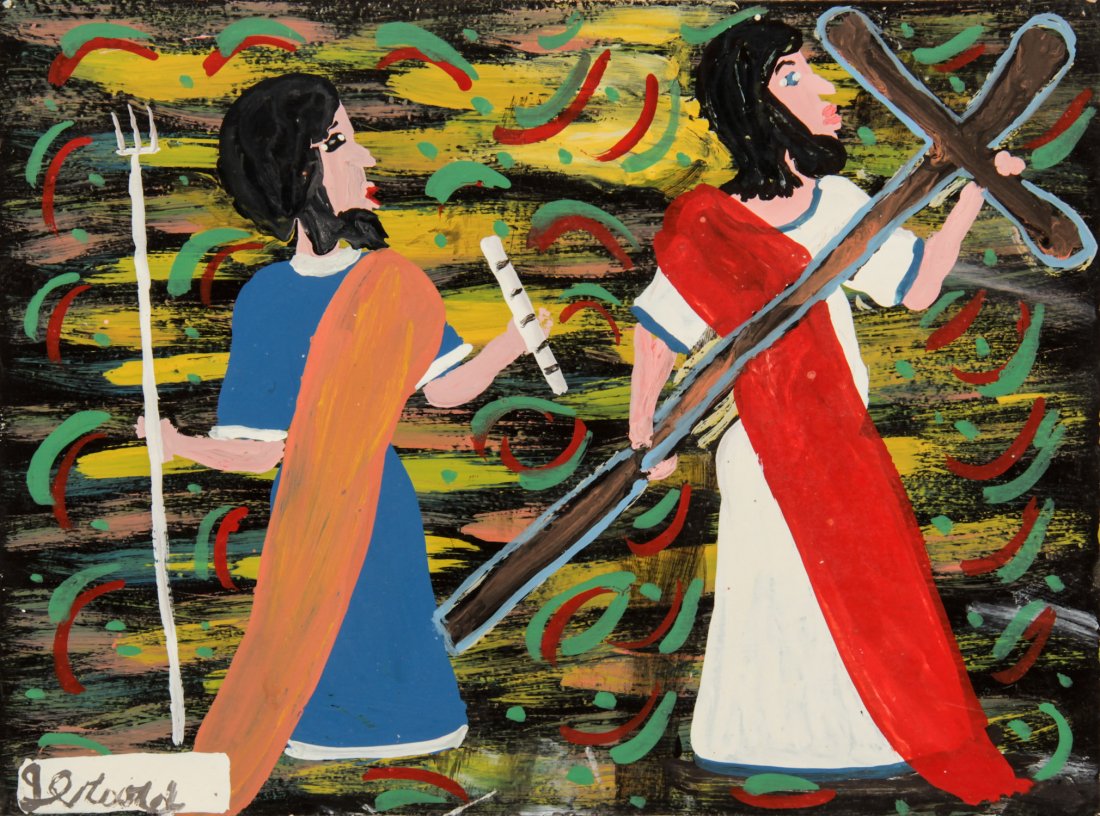 Gerard Fortune, Primitive Haitian Painting: Gerard Fortune (Haitian, b. 1933), oil on board. Size: 12" x 16", 30 x 41 cm (board).