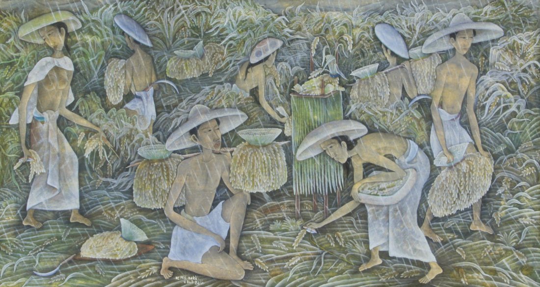 Balinese Painting: Balinese Painting. Size: 18.5" x 34.25", 47 x 87 cm (stretcher), 22.5" x 38.25", 57 x 97 cm (frame).