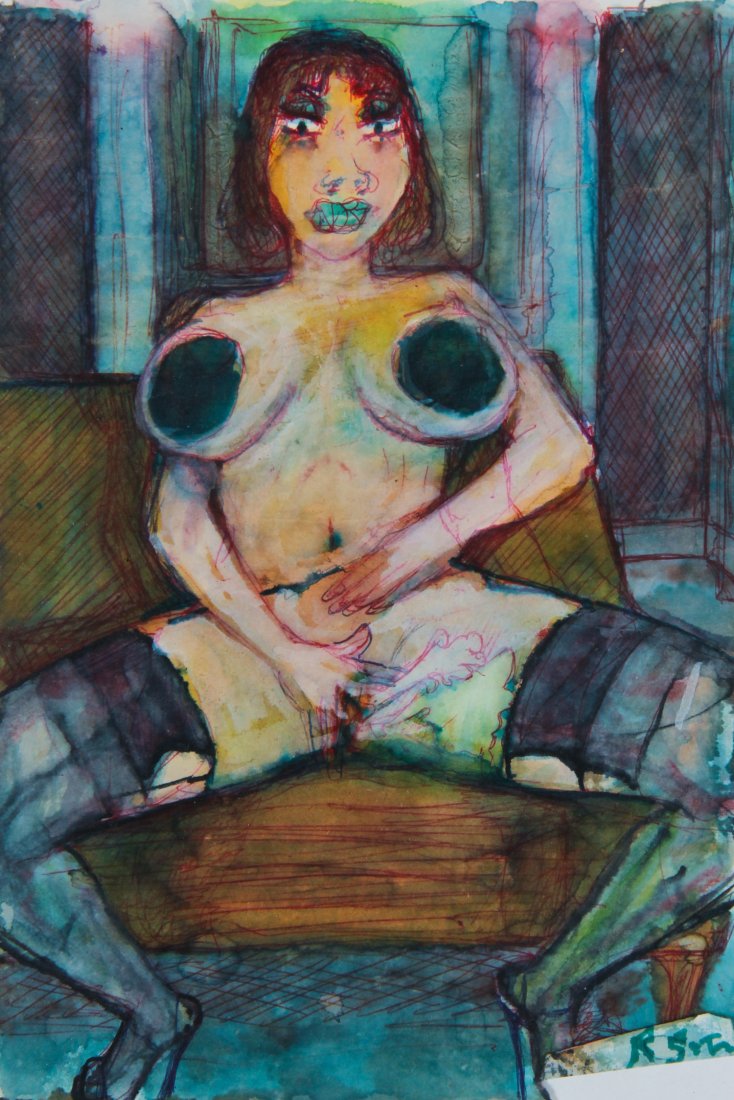 Richard A. Smith (American, b. 1947): Richard A. Smith (American, b. 1947) Nude Woman, ink, watercolor and mixed-media drawing on paper. Size: 8.75" x 6", 22 x 15 cm (sheet), 12.5" x 10.25", 32 x 26 cm (frame).