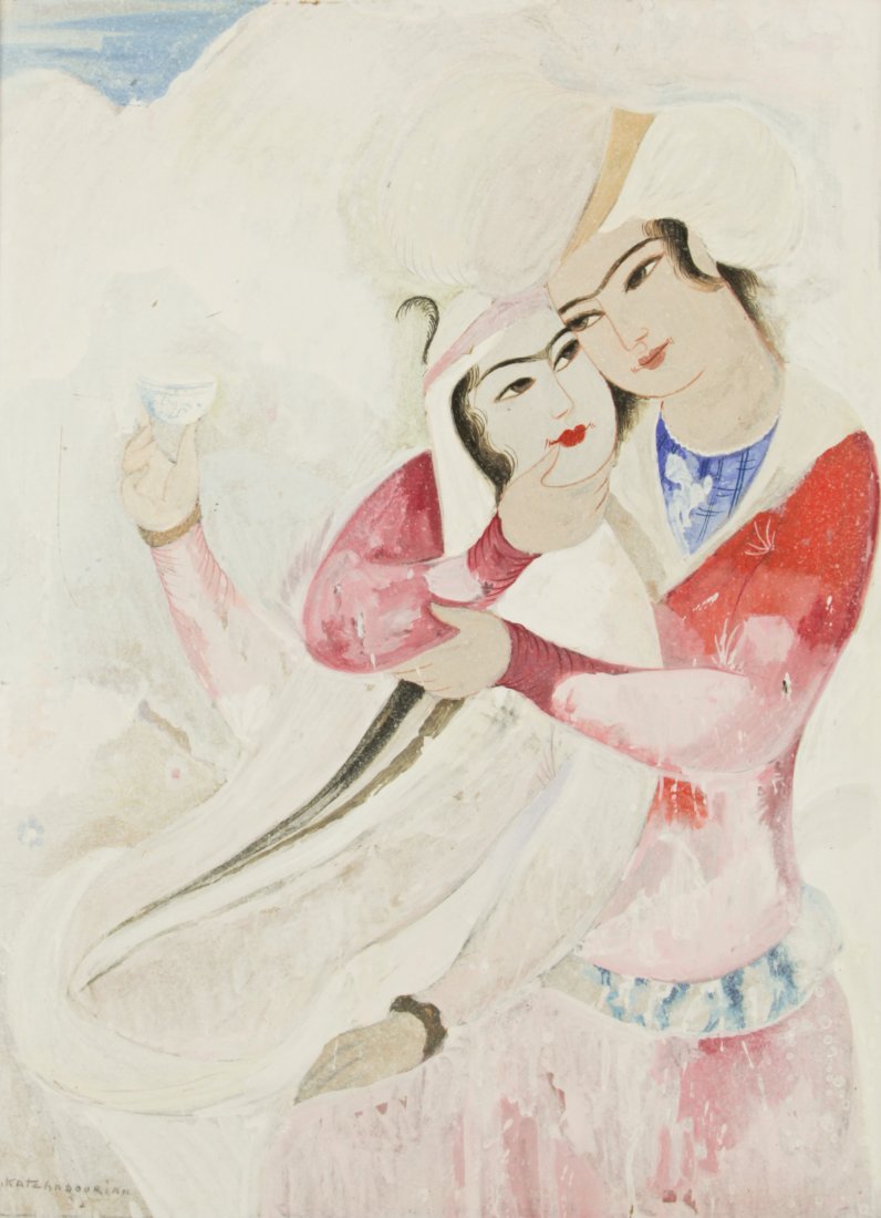 Sarkis Katchadourian (Armenian, 1886-1947): Sarkis Katchadourian (Armenian, 1886-1947) A Couple Embracing, gouache. Size: 19.5" x 14.5", 50 x 37 cm (board), 24" x 19", 61 x 48 cm (frame).
