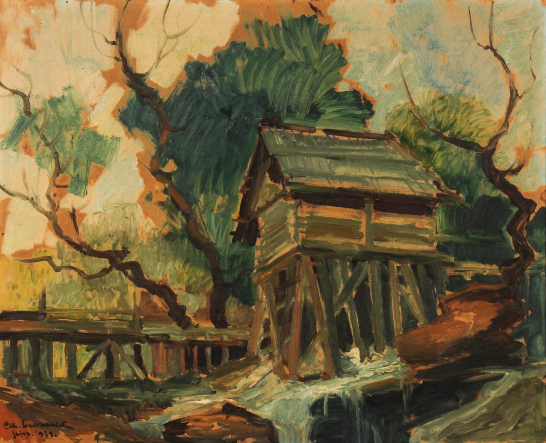 Serbian School (Early 20th c.): Serbian School (Early 20th c.) Jajce Bosnia, circa 1939, oil on wood panel. Exhibitions: Cvijeta Zuzoric Art Pavilion, Belgrade (partial label on verso). Size: 17.5" x 22.25", 44 x 57 cm (board); 26" 