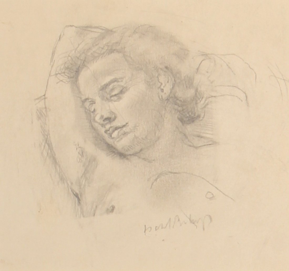 Isabel Bishop (American, 1902-1988): Isabel Bishop (American, 1902-1988) Sleeping Nude Sketch, pencil drawing on paper, tears to the sheet outside of image area. Size: 4.5" x 7", 11 x 18 cm (sheet).