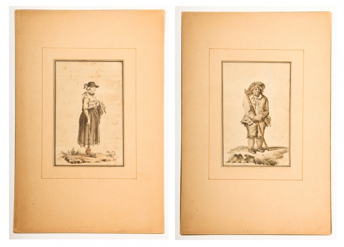 Circle of Sigmund Freudenberger (Swiss, 1745-1801) Two: Circle of Sigmund Freudenberger (Swiss, 1745-1801) Two Works: 1) Paisan Savoyard, ink and watercolor on paper, 18th c. Size: 7.25" x 5", 18 x 13 cm; 2) Savoyarde de Meillerie, ink and watercolor on pa