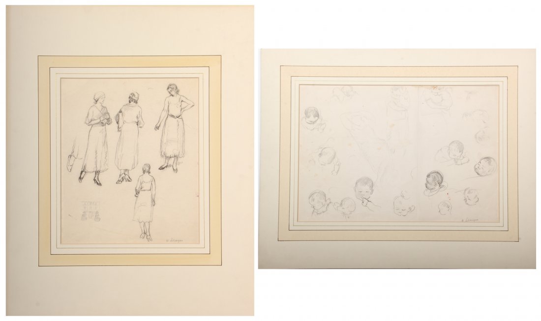 Henri Lebasque (French, 1865-1937) Two Drawing Studies: Henri Lebasque (French, 1865-1937) Two Drawing Studies: 1) Infant Portrait Studies, graphite on paper, signed. Size: 11" x 14.75", 28 x 37 cm (sheet); 2) Figure Study, charcoal and pencil on paper, si