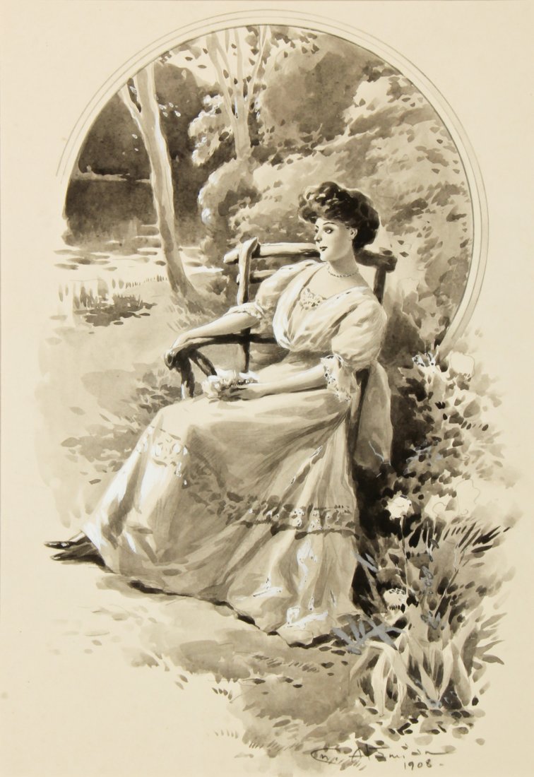Charles Garabed Atamian (French/Turkish, 1872-1947): Charles Garabed Atamian (French/Turkish, 1872-1947) Portrait of a Lady, 1908, ink wash illustration on paper, matted. Size: 10.75" x 14.5", 27 x 37 cm (sheet), 20" x 16", 51 x 41 cm (mat).
