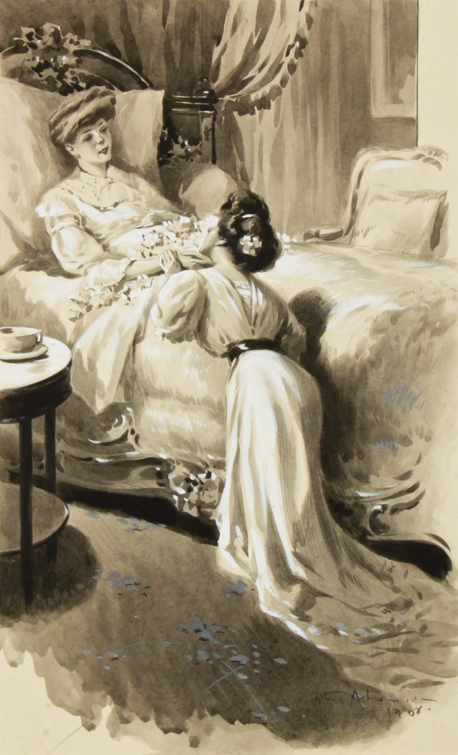 Charles Garabed Atamian (French/Turkish, 1872-1947): Charles Garabed Atamian (French/Turkish, 1872-1947) A Bedside Conversation, 1908, ink wash illustration on paper, matted. Size: 10.75" x 14.5", 27 x 37 (sheet), 20" x 16", 51 x 41 cm (mat).