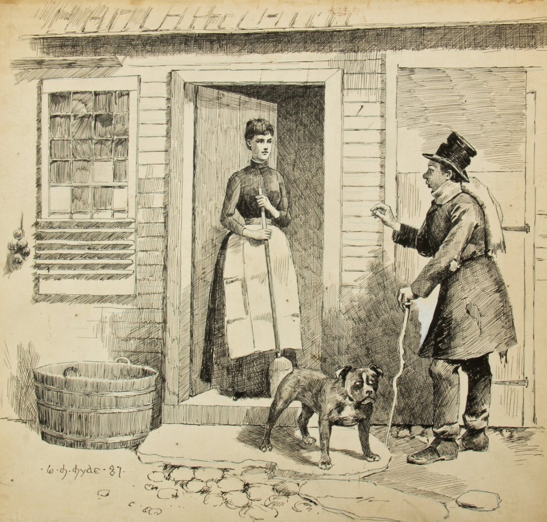 William Henry Hyde (American, 1858-1943): William Henry Hyde (American, 1858-1943) A Modest Request, ink on paper illustration, published in Harpers Bazar Feb. 1888, with a copy of the published image. Size: 11" x 11.5", 28 x 29 cm (sheet).