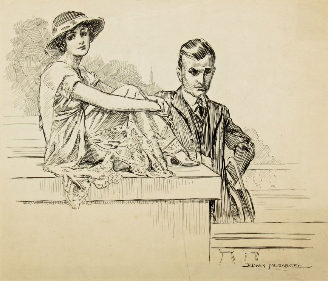 Edwin Megargee (American, 1883-1958): Edwin Megargee (American, 1883-1958) Young Couple, graphite and ink illustration on paper. Size: 13.5" x 15.75", 34 x 40 cm (sheet).