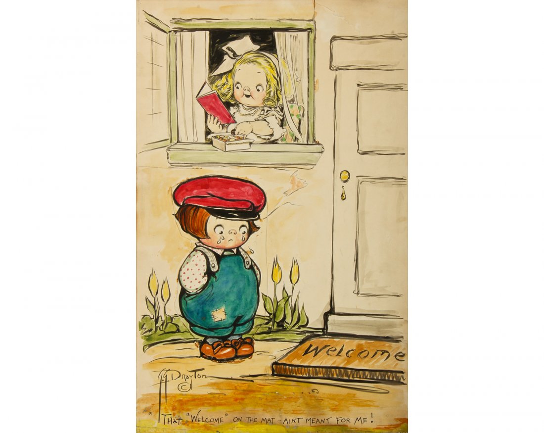 Grace Gebbie Wiederseim Drayton (American, 1877-1936): Grace Gebbie Wiederseim Drayton (American, 1877-1936) That Welcome on the Mat - Aint Meant for Me, ink and watercolor illustration on paper, tear in upper right sheet, glue residue. Size: 16.5" x 10.5