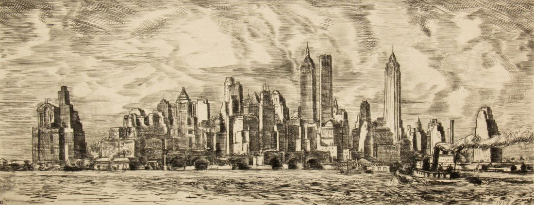 Reginald Marsh (American 1898-1954): Reginald Marsh (American 1898-1954) New York City Skyline, etching on paper,signed in plate "RM 1937". Size: 6" x 15", 15 x 38 cm (plate), 10.5" x 19.75", 27 x 50 cm (sheet).