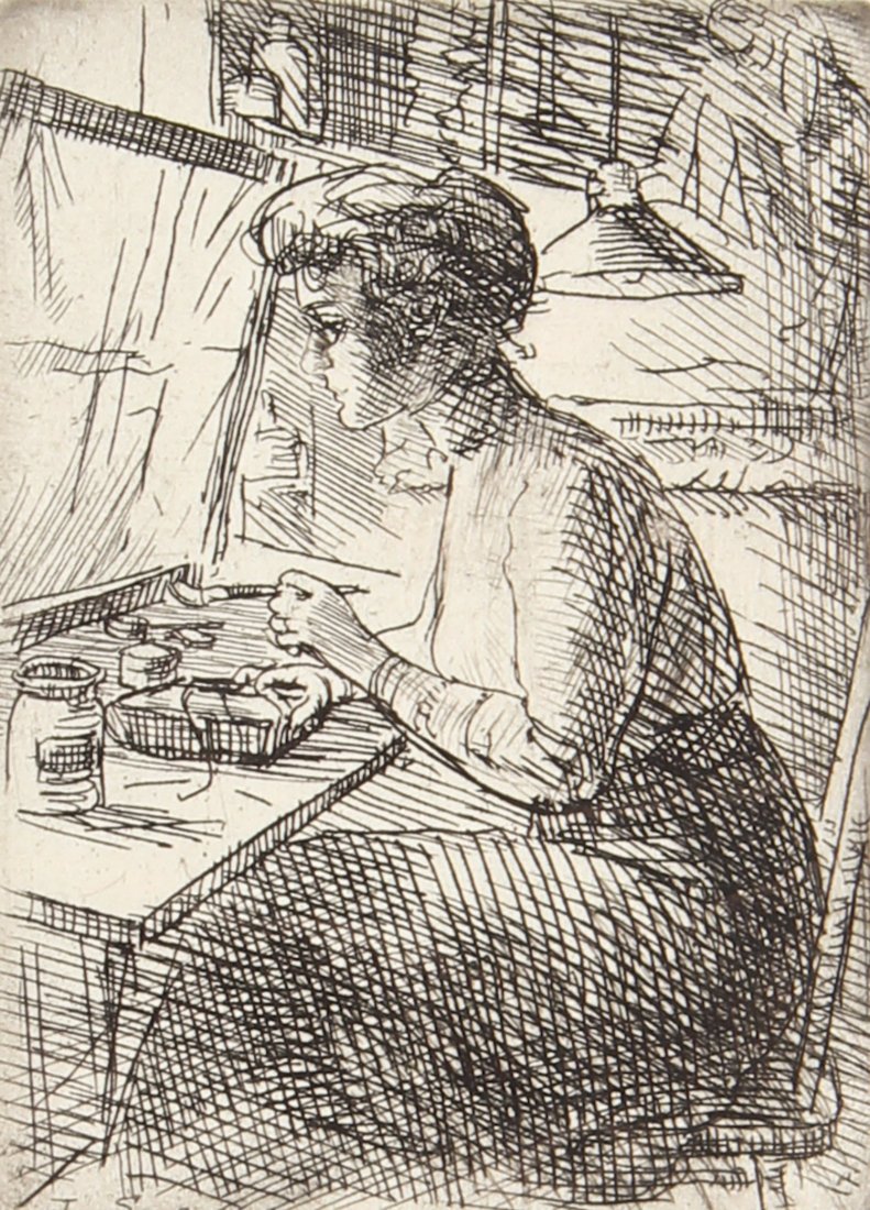 John Sloan (American, 1871-1935): John Sloan (American, 1871-1935) Woman with Etching Tray, 1912, signed in pencil. Size: 3.75" x 2.75", 10 x 7 cm (plate); 9.5" x 6.75", 24 x 17 cm (sheet).