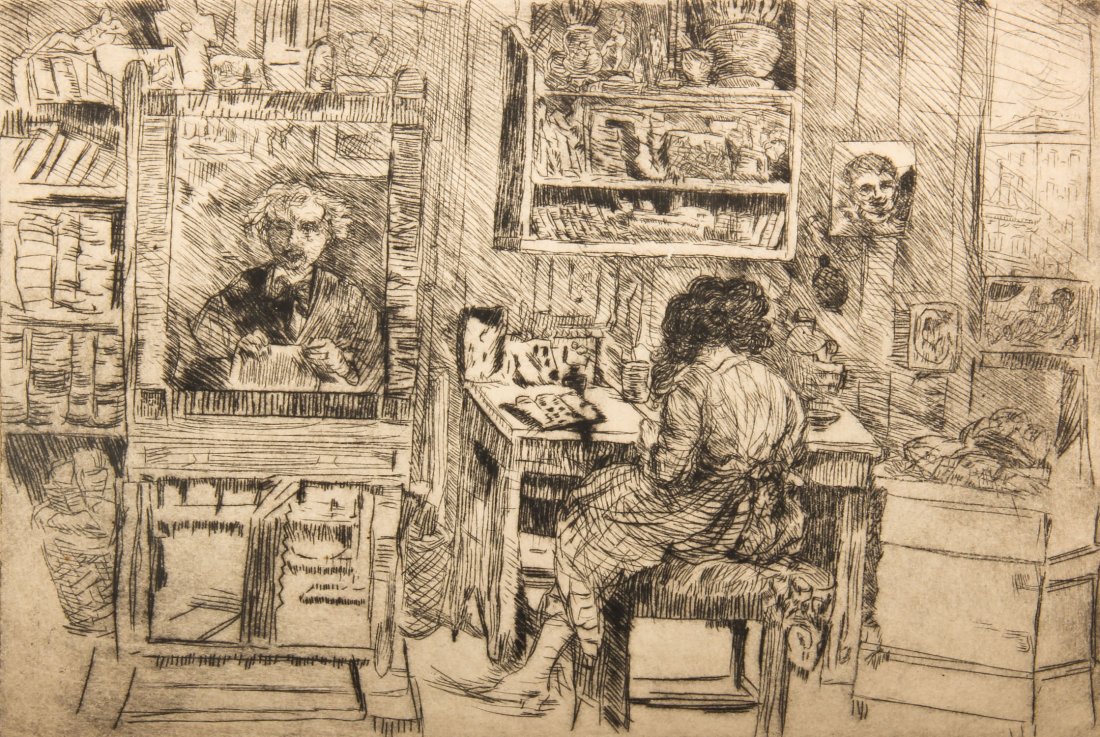 Jerome Myers (American, 1867-1940): Jerome Myers (American, 1867-1940) Virginia in Higgins Studio, etching. Size: 8" x 10.25", 20 x 26 cm (plate), 9.5" x 11.5", 24 x 29 cm (sheet).