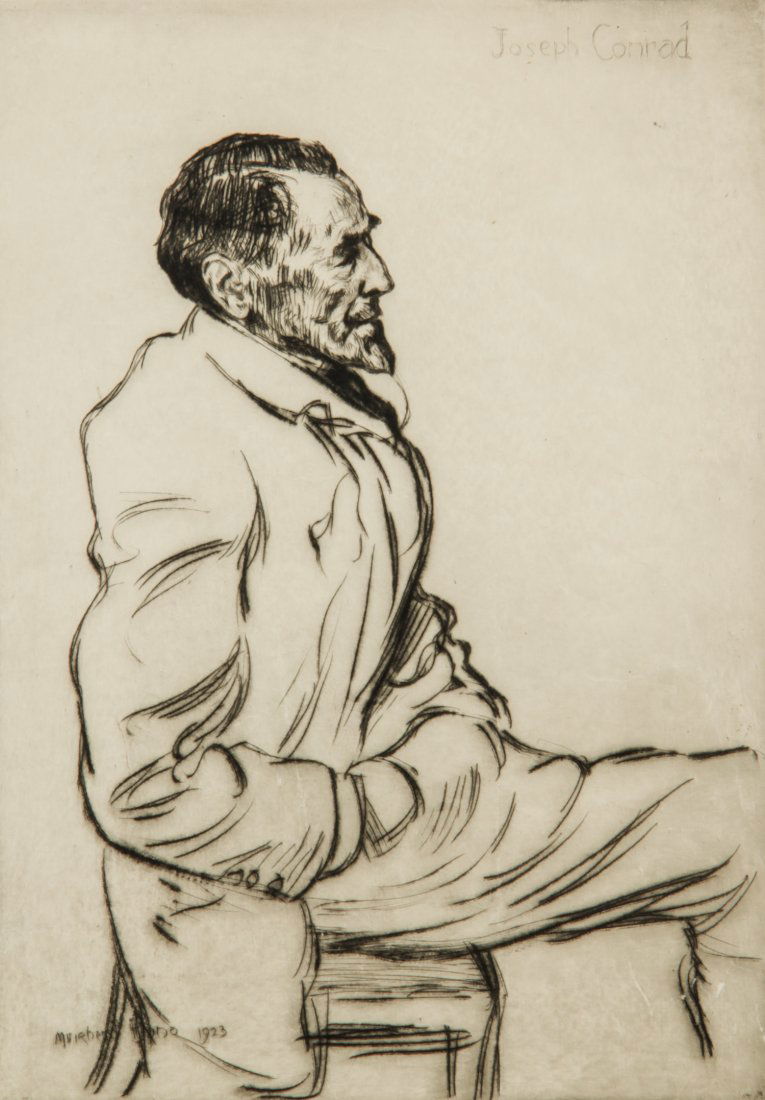 Muirhead Bone (British, 1876-1953): Muirhead Bone (British, 1876-1953) Portrait of Joseph Conrad Listening to Music, 1923, etching. Size: 9.75" x 7", 25 x 18 cm (plate), 12.25" x 10.75", 31 x 27 cm (sheet).