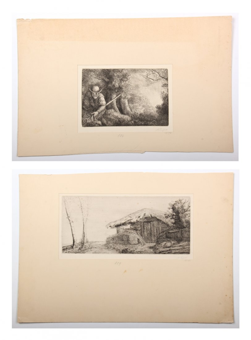 Alphonse Legros (French, 1837-1911) Two Engravings: Alphonse Legros (French, 1837-1911) Two Engravings: 1) Man in the Woods. Size: 5" x 7.75", 13 x 20 cm (plate), 8.75" x 11.75", 22 x 30 cm (sheet); 2) The Cottage. Size: 5" x 11.5", 13 x 29 cm (plate),