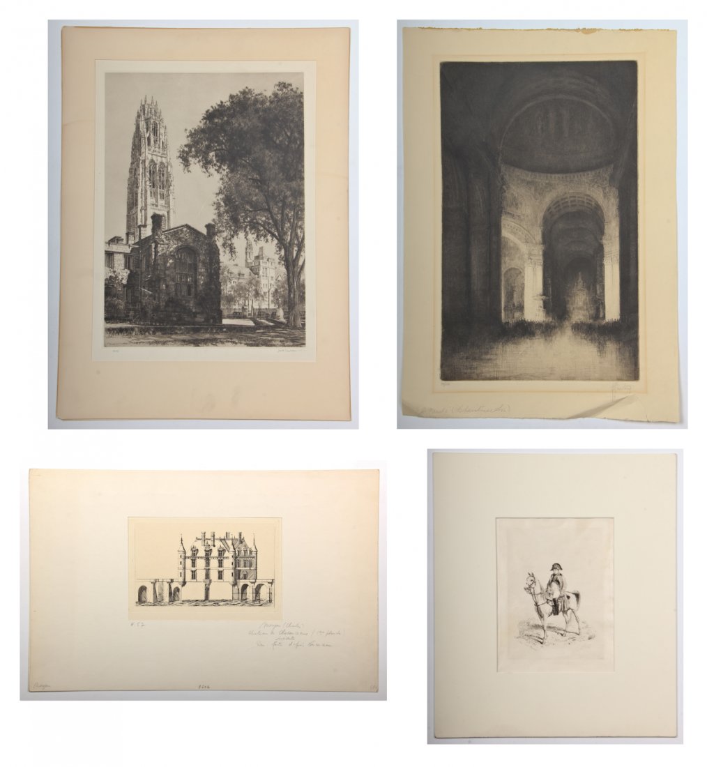 Group of 4 Etchings by Various Artists: Group of 4 Etchings by Various Artists: 1) Samuel Chamberlain (American, 1895-1975) Gothic Cathedral Tower, etching from an edition of 125, surface abrasions. Size: 16.5" x 12.5", 42 x 32 cm (sheet);