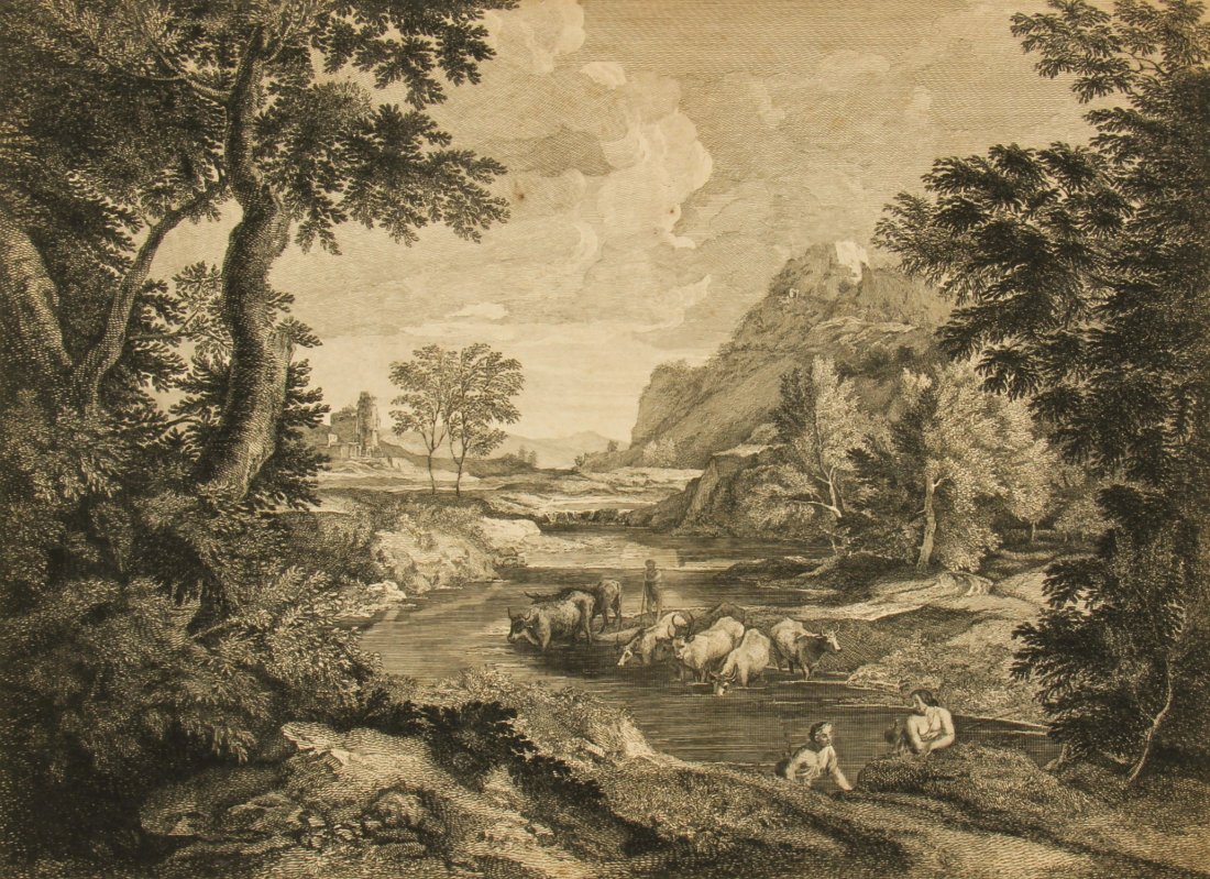 Attributed to Claude Lorrain (French, 1600-1682): Attributed to Claude Lorrain (French, 1600-1682) Pastoral European Landscape with Castle, woodcut, trimmed to image. Size: 11.25" x 15.25", 29 x 39 cm (sheet).