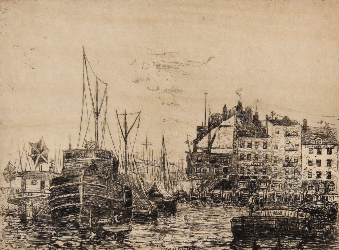 Frederick Leo Hunter (American, 1858-1943): Frederick Leo Hunter (American, 1858-1943) Coenties Slip NY, 1878, etching. Size: 9.75" x 12.5", 25 x 32 cm (sight), 17" x 19.25", 43 x 49 cm (frame).