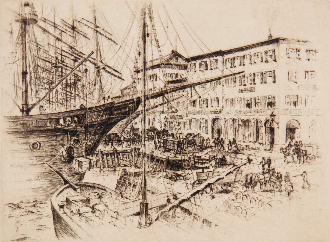 Anton Schutz (American/German, 1894-1977): Anton Schutz (American/German, 1894-1977) South Street New York 1835 from Three Hundred Years of New York, etching, framed. Size: 10" x 12.5", 25 x 32 cm (sight), 16" x 18.5", 41 x 47 cm (frame).