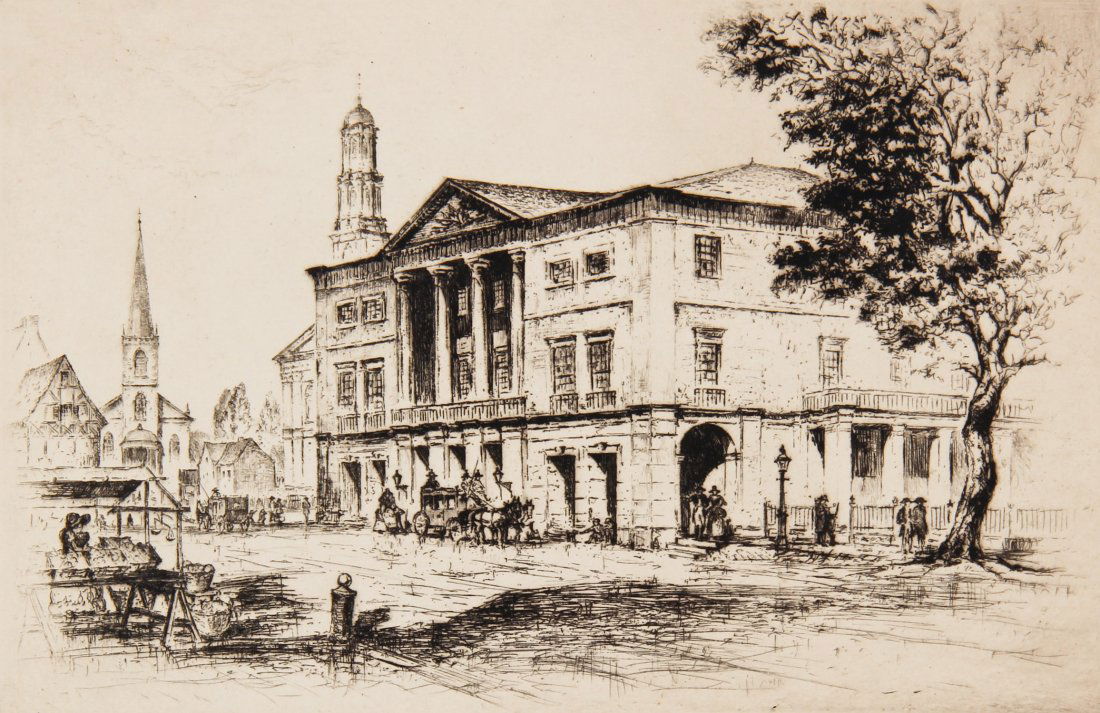 Anton Schutz (American/German, 1894-1977): Anton Schutz (American/German, 1894-1977) Wall Street 1788 from Three Hundred Years of New York, etching, framed. Size: 9" x 12.75", 23 x 32 cm (sight), 15" x 18.5", 38 x 47 cm (frame).