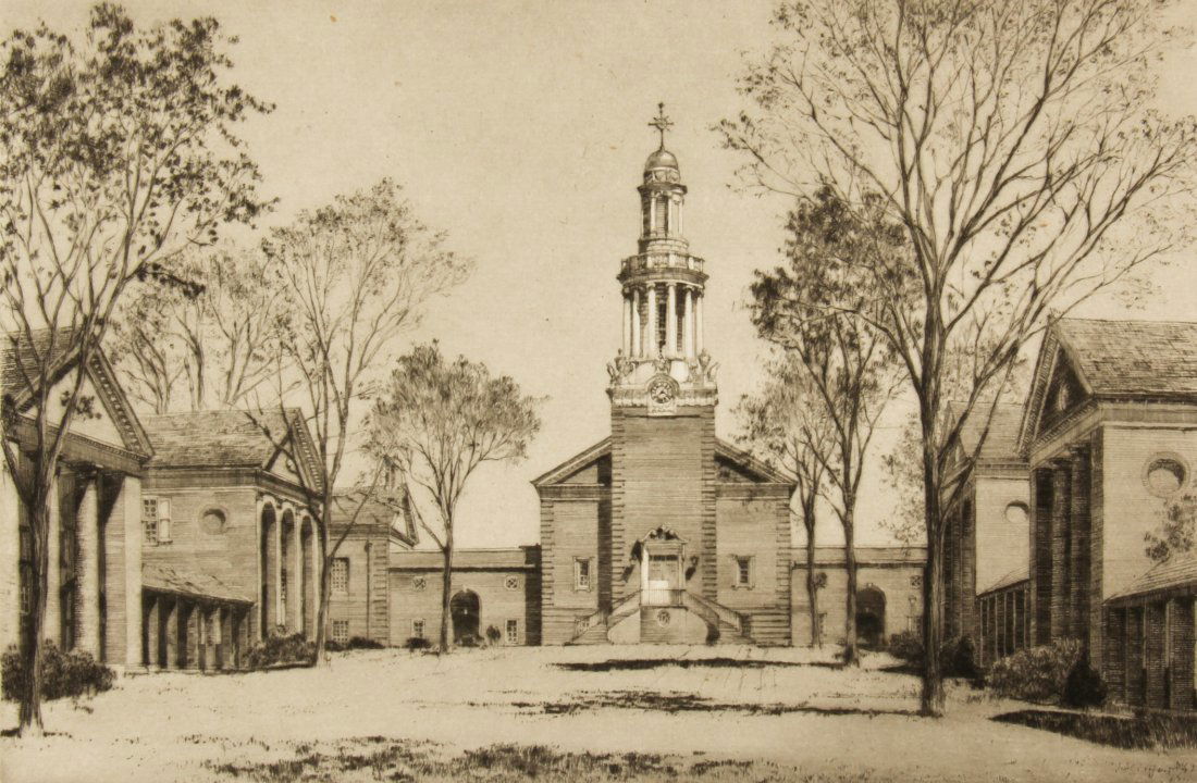 Samuel Chamberlain (American, 1895-1975): Samuel Chamberlain (American, 1895-1975) Divinity Quadrangle at Yale University, circa 1933, engraving, from an edition of 125. Size: 11.25" x 12.5", 29 x 32 cm (sheet).