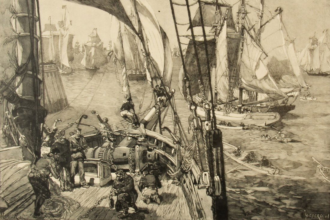 Auguste Louis Lepere (French, 1849-1918): Auguste Louis Lepere (French, 1849-1918) Untitled (Sailors on Deck), wood engraving. Size: 12.75" x 18.75", 32 x 48 cm (sheet).