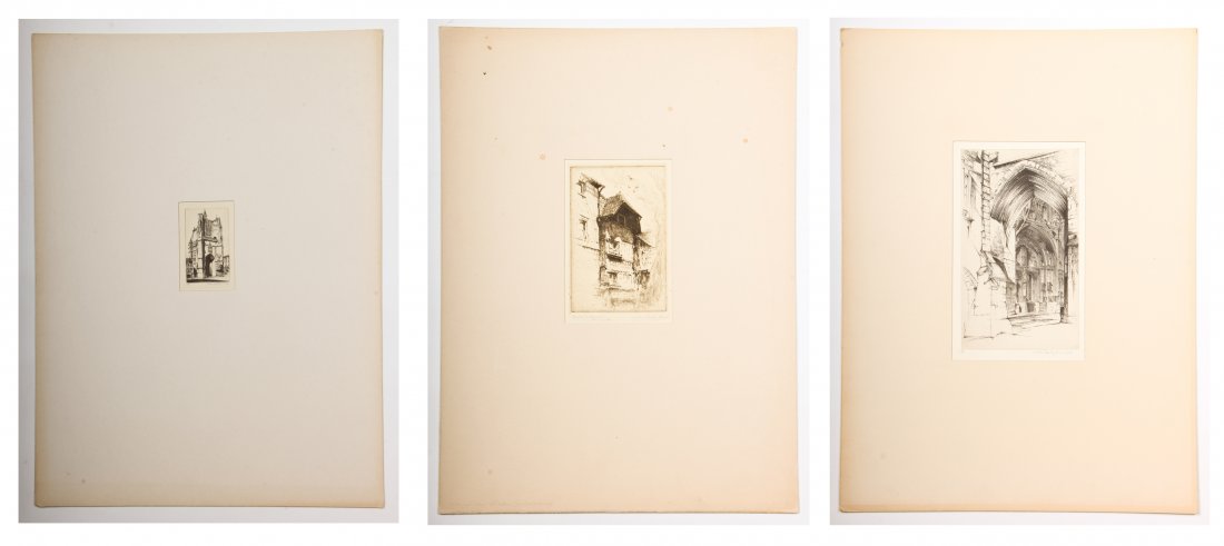 John Taylor Arms (American, 1887-1953) 3 Etchings: John Taylor Arms (American, 1887-1953) Group of 3 Etchings: 1) French Lace (West Portal of the Main Facade of the Church of Notre Dame in Aveyron, France), etching, 1949, includes title sheet. Size: 8