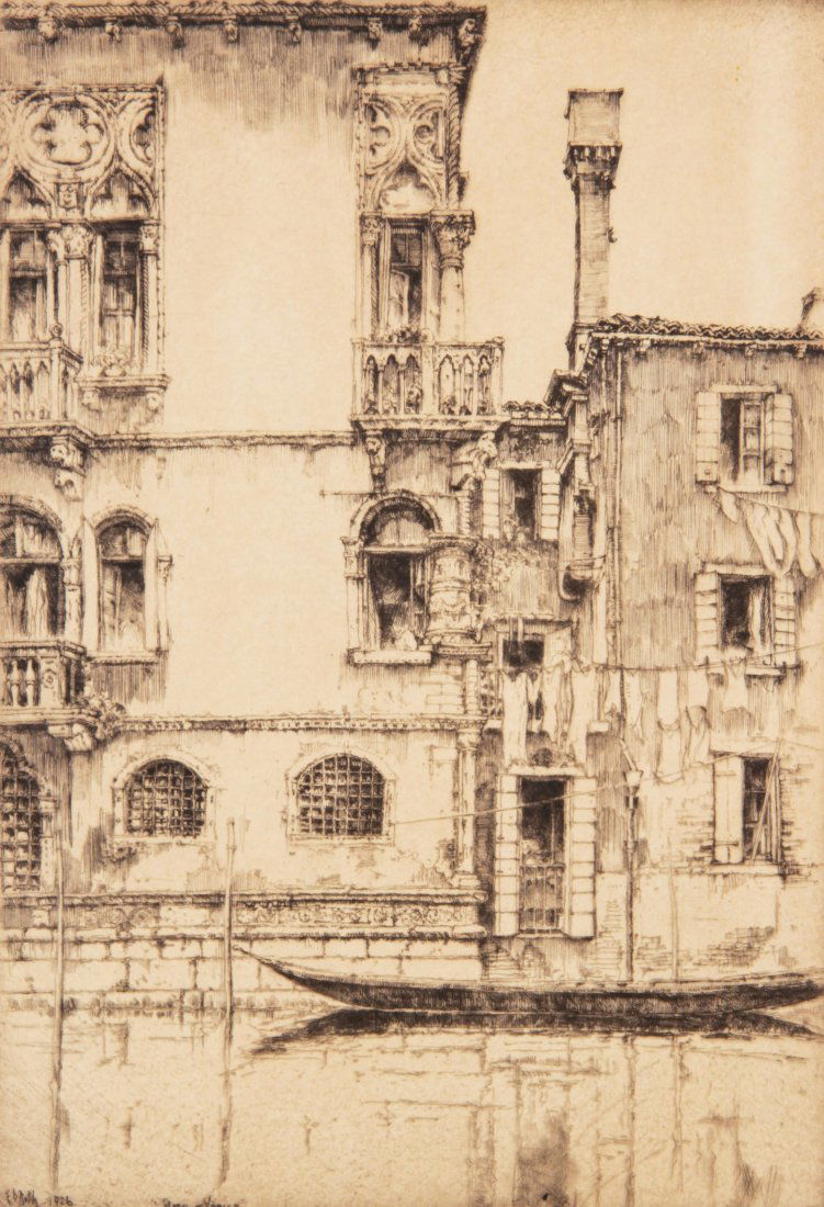 Ernest David Roth (American, 1879-1964) Stones of: Ernest David Roth (American, 1879-1964) Stones of Venice, 1926, drypoint engraving, signed in pencil, in a gilt wood frame. Size: 13.5" x 9.25", 34 x 23 cm (plate), 20.25" x 15.25", 51 x 39 cm (frame)