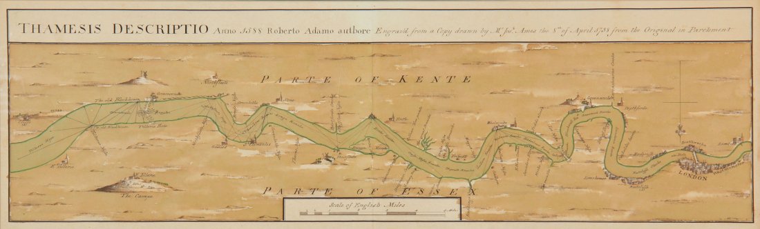 Thamesis Descriptio: Thamesis Descriptio Anno 1588 Roberto Adamo authore, Engrav'd from a Copy drawn by Mr Joseph Ames the 8th of April 1738 from the Original in Parchment (Plan of the River Thames), hand-colored engravin