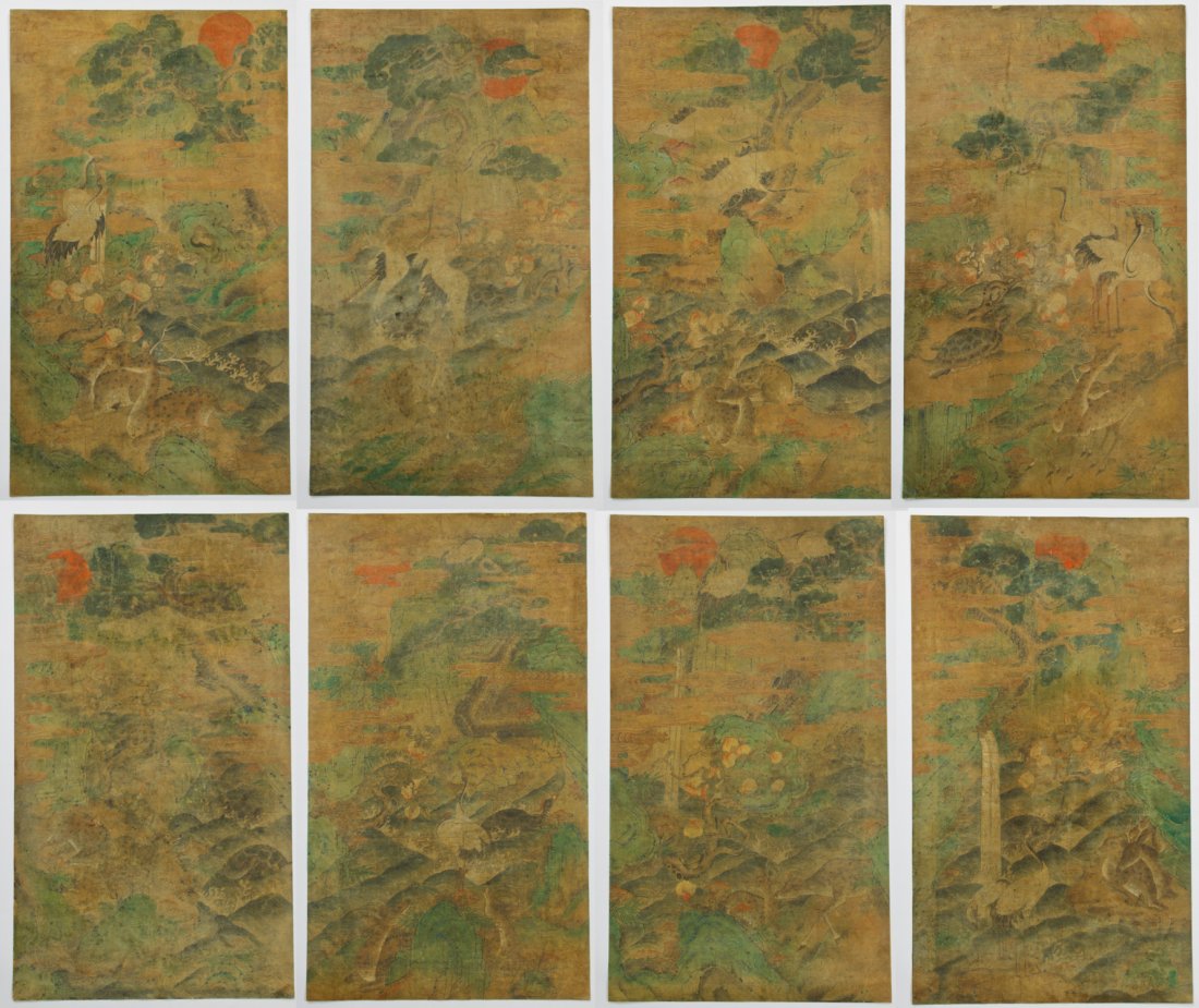 Group of 8 Asian Painted Panels: Group of 8 Asian Painted Panels, mixed-media on paper. Size: 22" x 38", 56 x 97 cm (each panel).
