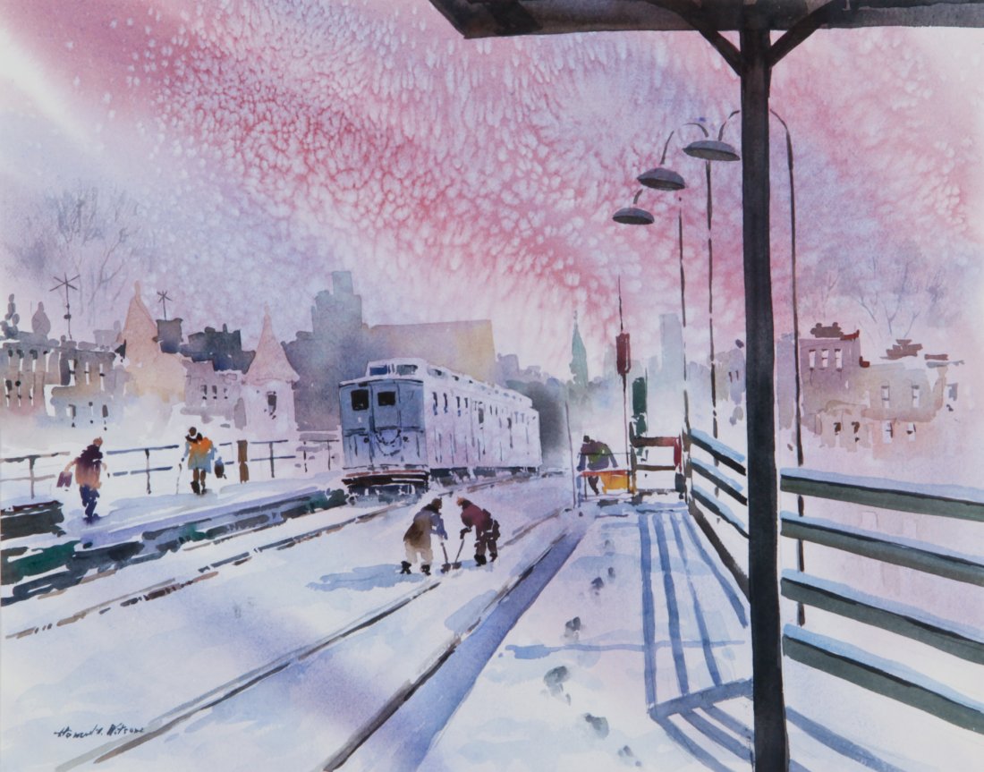 Howard Watson (American, b. 1929): Howard Watson (American, b. 1929) A Train Station at Sunset, watercolor on paper. Size: 17" x 21.5", 43 x 55 cm (sight), 26" x 31", 66 x 79 cm (frame).