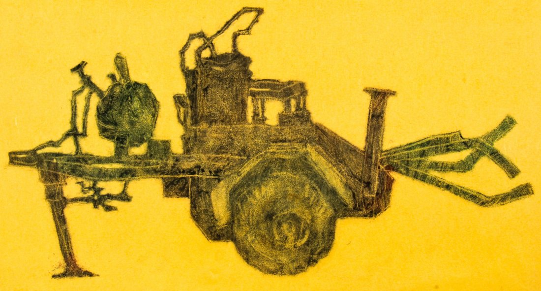Joseph Solman (American 1909-2008): Joseph Solman (American 1909-2008) Tractor, 1982, monoprint on paper, creasing to the sheet. Size: 11.5" x 19.5", 29 x 50 cm (sheet).