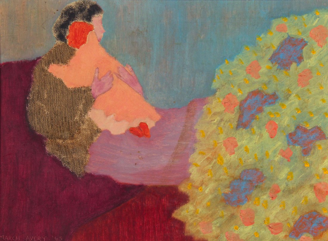 March Avery (American, b. 1932): March Avery (American, b. 1932) Mother and Child with Bouquet, 1965, oil on canvas board. Size: 9" x 12", 23 x 30 cm (board), 14" x 17", 36 x 43 cm (frame).