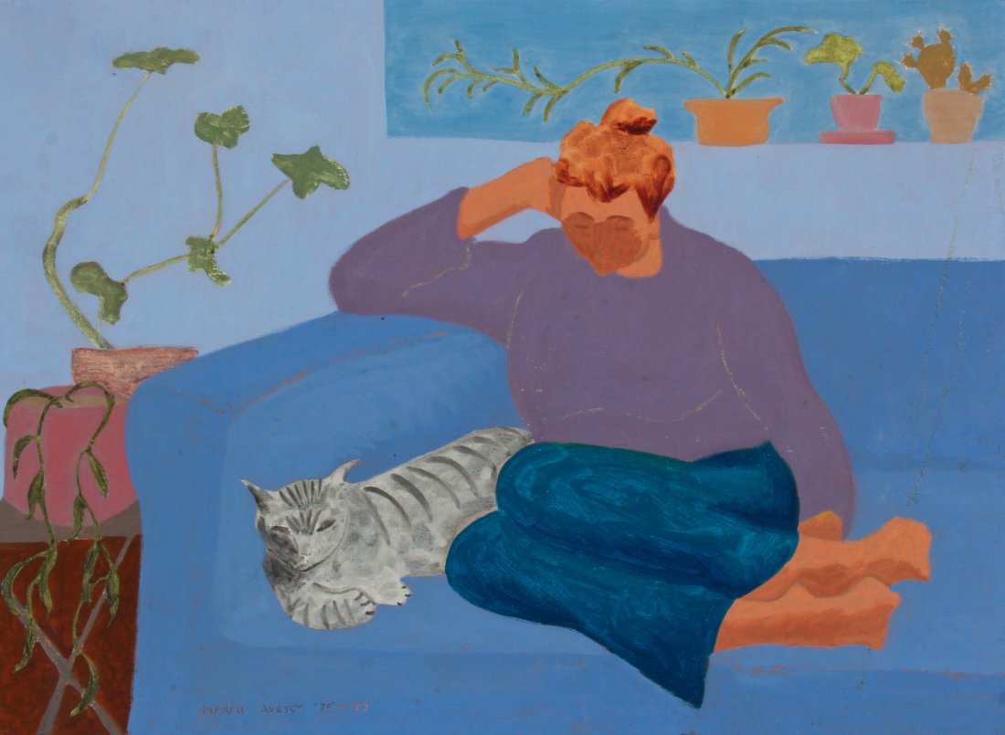 March Avery (American, b. 1932): March Avery (American, b. 1932) Catnap or Caleb and Friend, 1975-1977, oil on canvas board, unframed, scattered surface dirt. Size: 18" x 24", 46 x 61 cm (board).