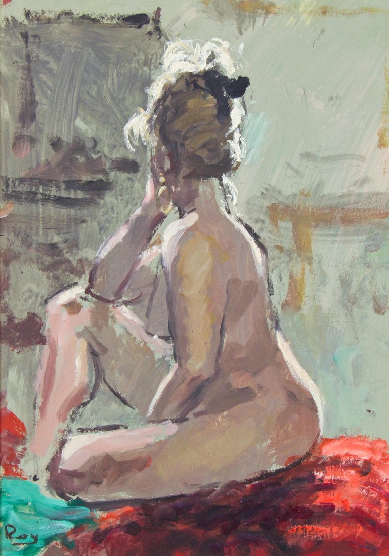 Roy (20th c.) Nude: Roy (20th c.) Female Nude Model, oil on board. Provenance: The Frameworks Gallery, Hamilton, Bermuda (label on verso). Size: 8.75" x 6.25", 22 x 16 cm (sight), 11.5" x 9", 29 x 23 cm (frame).