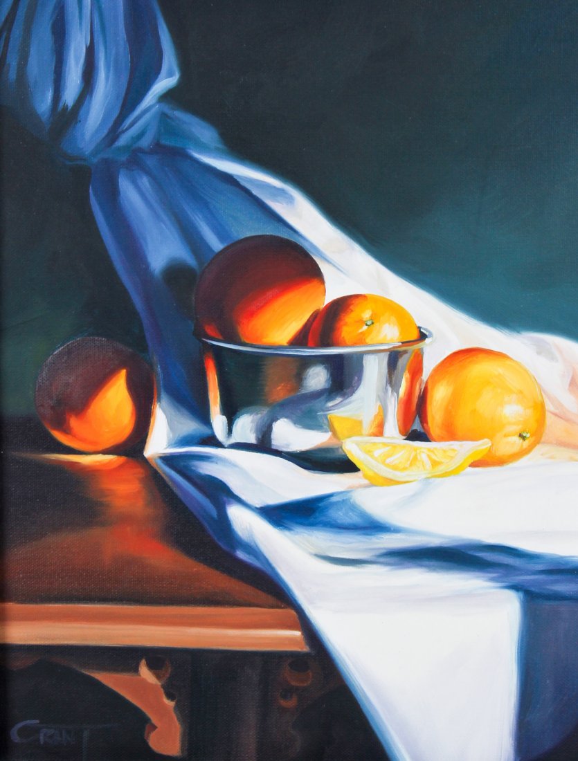 Ken Grant (American, 20th c.): Ken Grant (American/Oregon, 20th c.) Four Oranges and a Slice of Lemon (Still Life), oil on canvas. Size: 14" x 11", 36 x 28 cm (stretcher), 18" x 15", 46 x 38 cm (frame).
