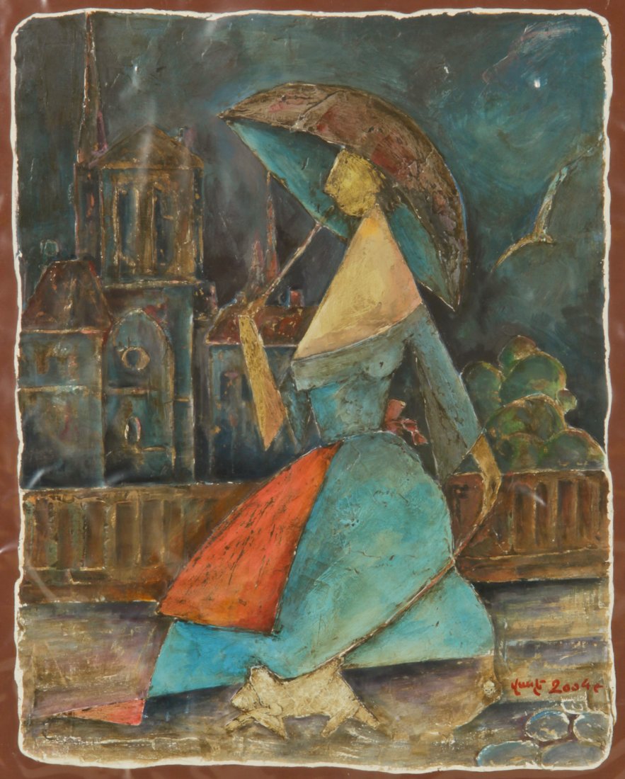 Unknown Artist (Armenian, 20th c.): Unknown Artist (Armenian, 20th c.) Woman with Umbrella Walking a Dog, 2004, mixed-media on wood panel. Size: 21.5" x 18", 55 x 46 cm.