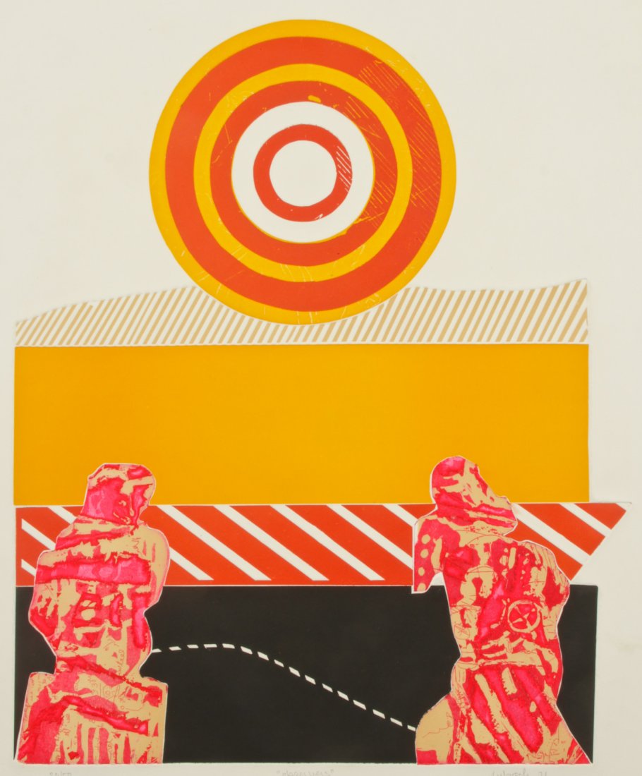 Jose Urbach (American, 20th c.): Jose Urbach (American, b. 1940) Observers (Equador), 1971, embossed intaglio etching in colors, from an edition of . Size: 30" x 22", 76 x 56 cm (sheet).