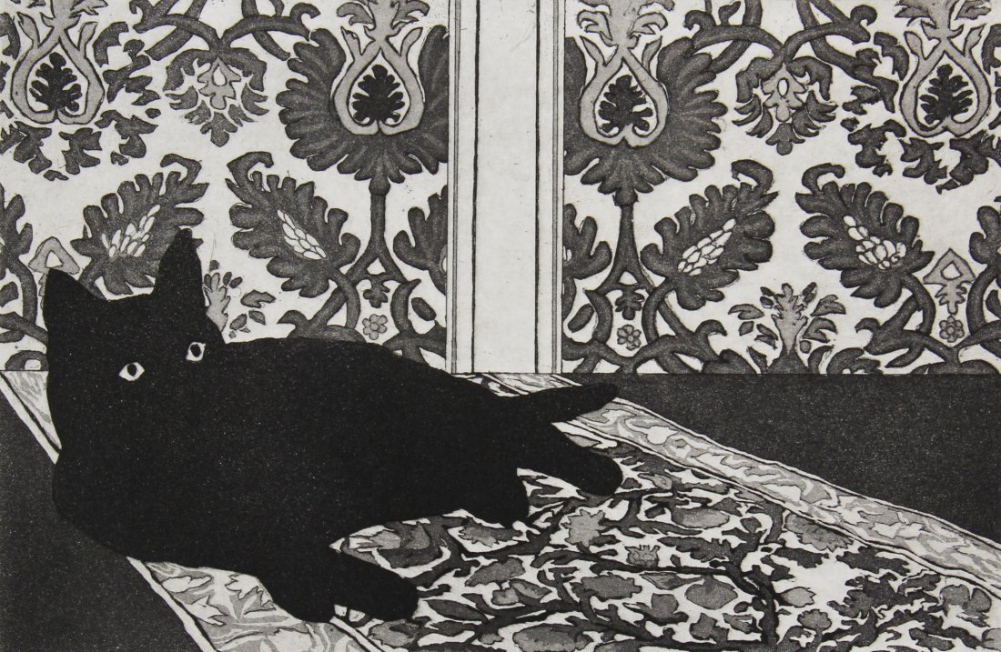 Meg Dawson (American, 20th c.): Meg Dawson (American, 20th c.) Cat on Table Runner, 1981, aquatint etching from an eiditon of 50. Size: 7" x 10", 18 x 25 cm (sight), 14.25" x 16", 36 x 41 cm (frame).