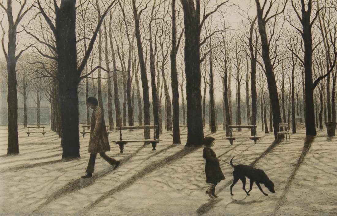 Harold Altman (American, 1924-2003): Harold Altman (American, 1924-2003) Child with Dog II, lithograph, artist's proof, with Mourlot blindstamp. Size: 13.25" x 19.25", 34 x 49 cm (sight), 22.25" x 27.25", 57 x 69 cm (frame).