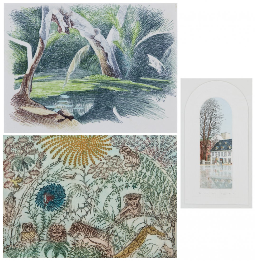 Group of 3 Contemporary Prints: Group of 3 Contemporary Prints: 1) Maria de Silva (20th c.) Selvatico, 1970, etching in colors. Size: 12.5" x 16", 32 x 41 cm (sight), 21.5" x 25", 55 x 64 cm (frame); 2) Pascale (20th c.) Musee Histo