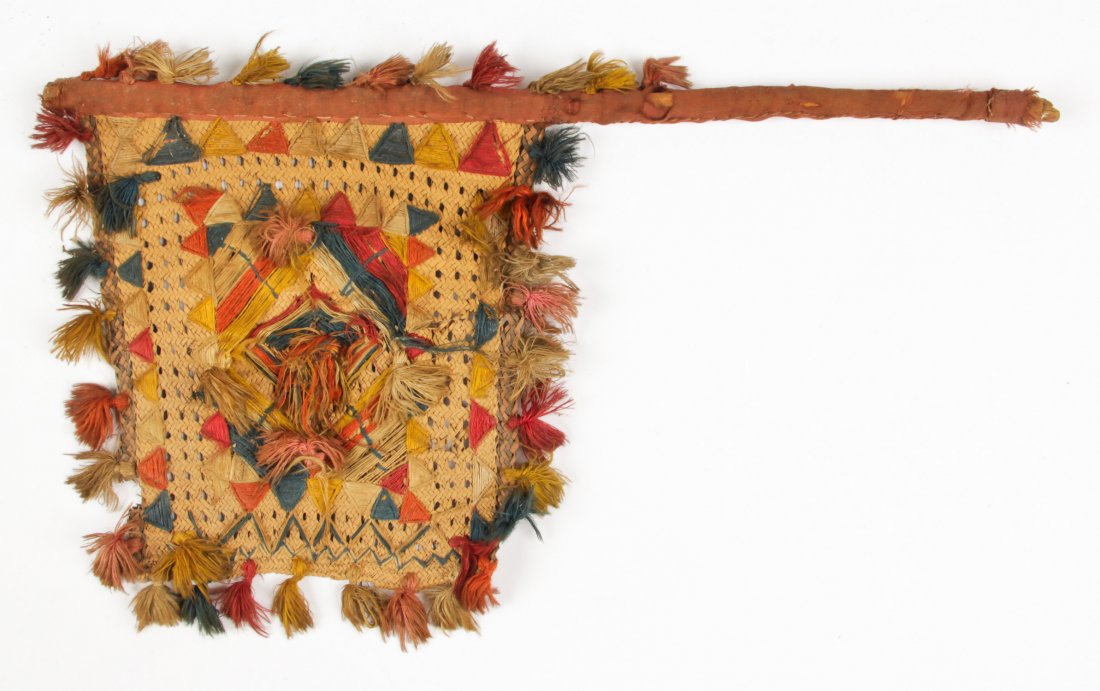 Antique Native American Whisk Ensign: Antique Native American whisk ensign. Size: 9" x 10", 23 x 25 cm (banner); 20", 51 cm (total length).